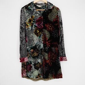 John Mark Womens Velvet Burnout Button Up Shirt Womens Sz S Floral Boho Sheer